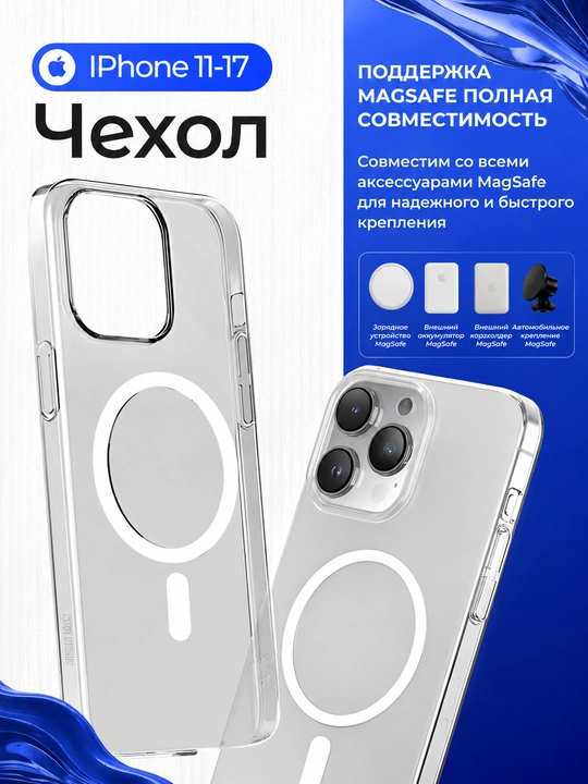 IPhone 11, 12, 13, 14, 15, 16, 17, Air, Mini,  Pro Max uchun MagSafe shaffof chexol