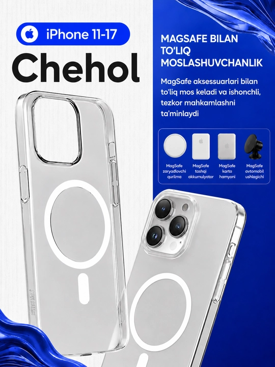 IPhone 11, 12, 13, 14, 15, 16, 17, Air, Mini,  Pro Max uchun MagSafe shaffof chexol - 