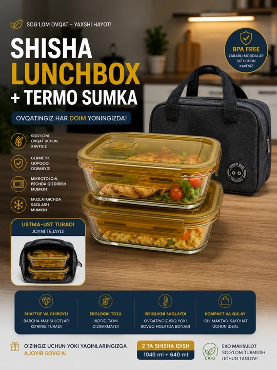 Ovqat uchun termos lunchboxlar 2 dona va termo sumka