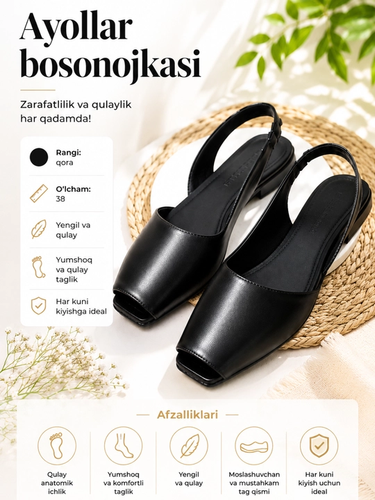 Ayollar bosonojkasi, bahor-yoz mavsumi uchun, poshnalari ochiq, ofis va kundalik kiyishga - 