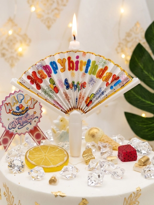 Tug‘ilgan kun uchun shamli yelpig‘ich dekoratsiyasi – Happy Birthday, bayram torti bezagi - 