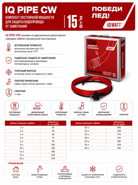 IQ PIPE CW quvurlarni muzlashdan himoya qilish uchun isituvchi 15 Vt/m termostat bilan - 