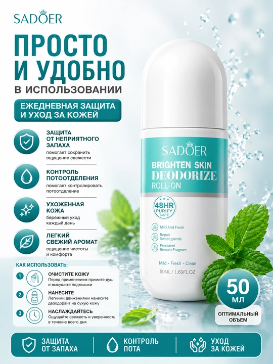 SADOER rollikli dezodorant, kundalik parvarish, 48 soatgacha yangilik hissi, 50 ml