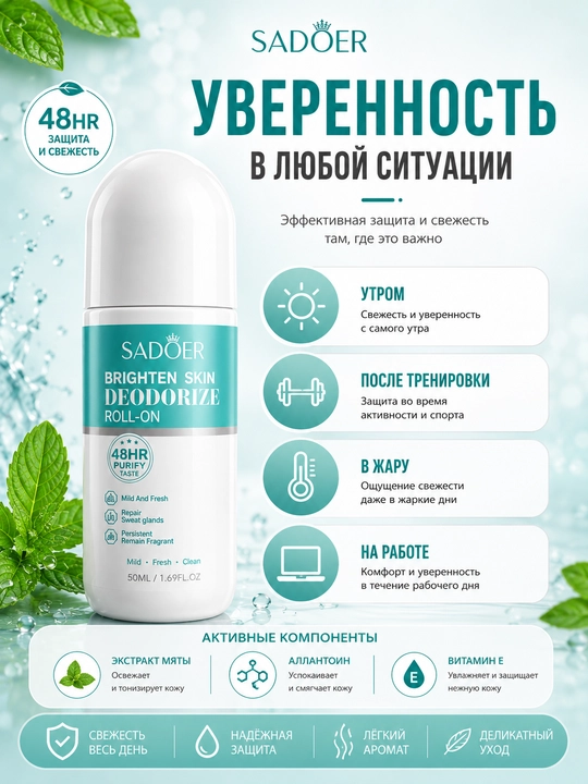 SADOER rollikli dezodorant, kundalik parvarish, 48 soatgacha yangilik hissi, 50 ml