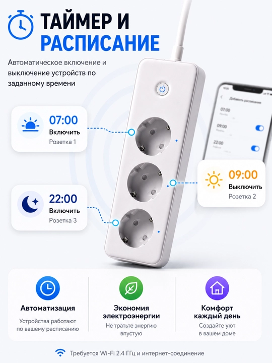 Wi-Fi удлинитель с 3 розетками, Smart Life, Tuya, 16A, 3680 Вт, голосовое управление