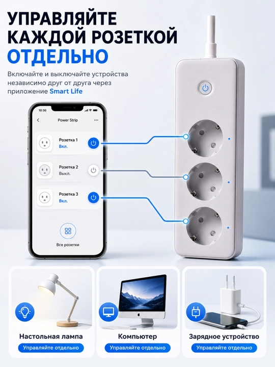 Wi-Fi удлинитель с 3 розетками, Smart Life, Tuya, 16A, 3680 Вт, голосовое управление
