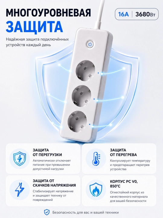 Wi-Fi удлинитель с 3 розетками, Smart Life, Tuya, 16A, 3680 Вт, голосовое управление