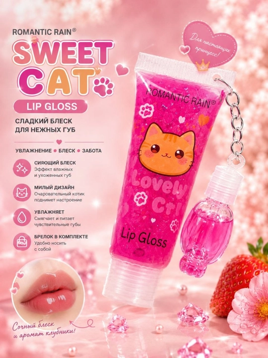 Romantic Rain Sweet Cat lab yaltirog‘i, qulupnay hidli, brelokli lip gloss