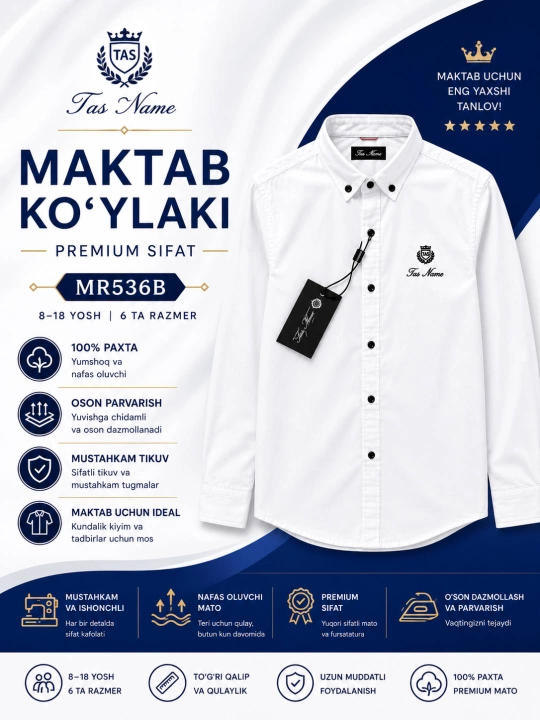 Erkaklar uchun oq, klassik, uzun yengli, ofisbop, premium ko‘ylak