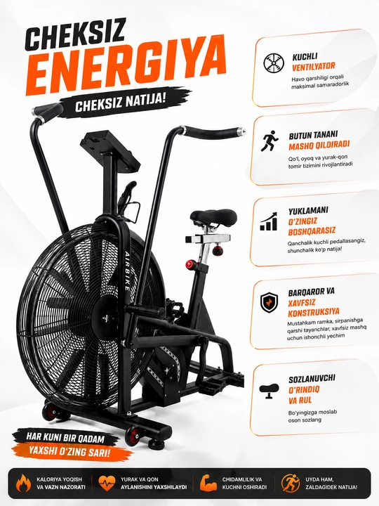 Ventilyatorli velotrenajyor, kardio velotrenajyor,fitnes velosipedi, uy va sport zal uchun