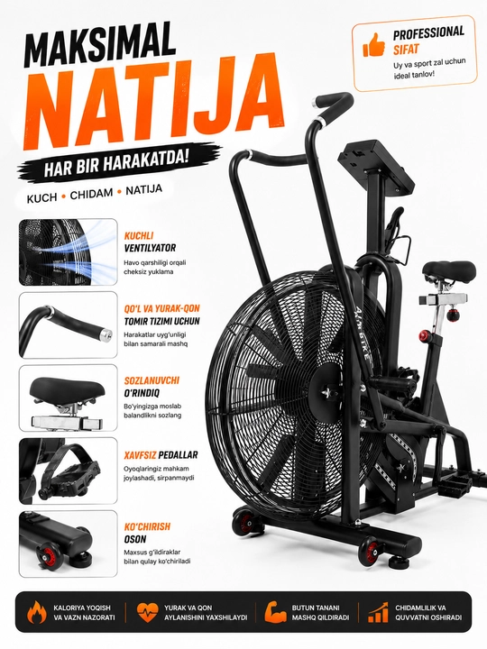 Air Bike trenajyor, ventilyatorli velotrenajyor, kardio velotrenajyor, fitnes velosipedi