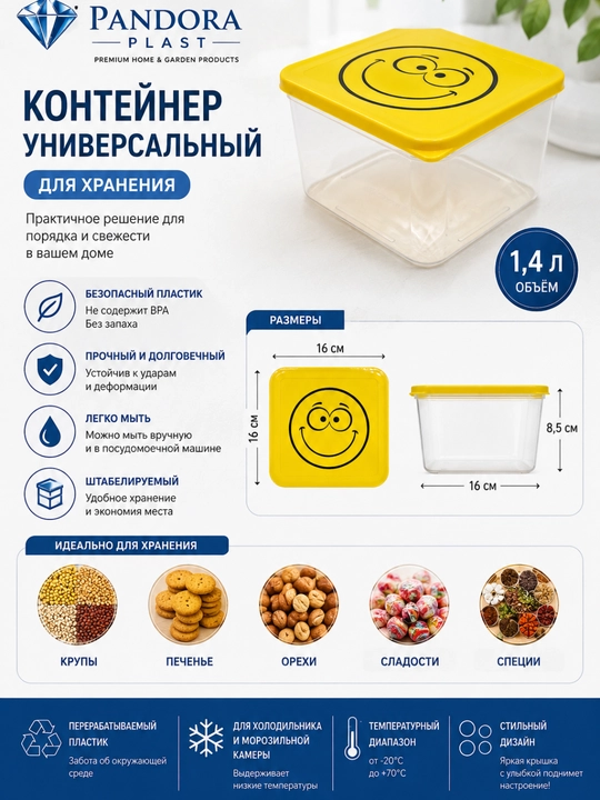 Контейнер с крышкой для хранения продуктов, овощей, фруктов, сыпучих продуктов, ланч-бокс