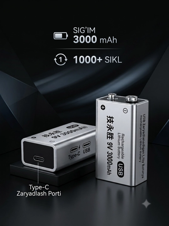 9V 3000mAh Type-C quvvatlanuvchi litiy-ionli akkumulyator batariyasi
