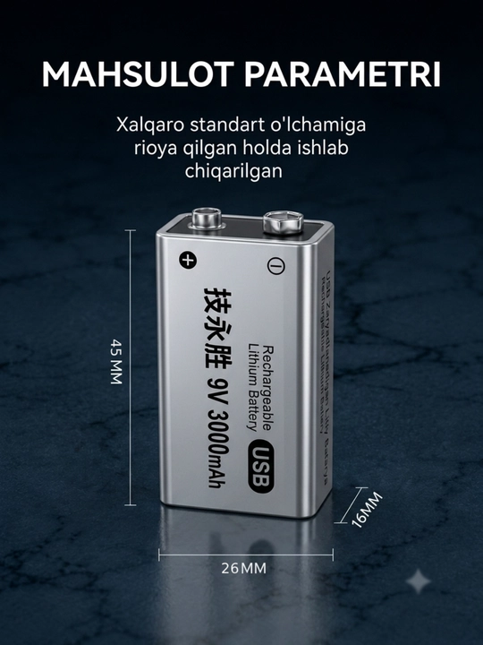 9V 3000mAh Type-C quvvatlanuvchi litiy-ionli akkumulyator batariyasi