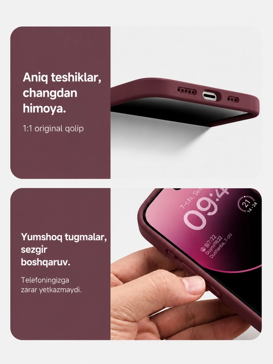 Iphone 17, 16, 15, 14, 13, 12, 11 modellari uchun silikon g'ilof