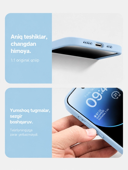 Iphone 17, 16, 15, 14, 13, 12, 11 modellari uchun silikon g'ilof