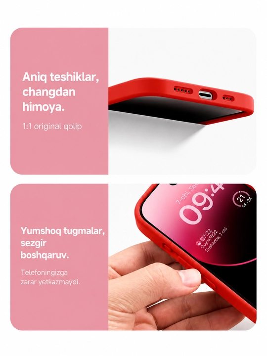 Iphone 17, 16, 15, 14, 13, 12, 11 modellari uchun silikon g'ilof