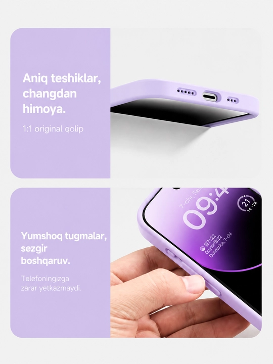 Iphone 17, 16, 15, 14, 13, 12, 11 modellari uchun silikon g'ilof