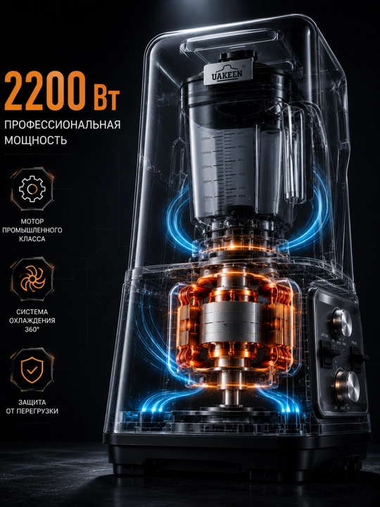 Блендер Uakeen ZL-2404, 2200Вт, 6 ножей из нержавеющей стали, 2л