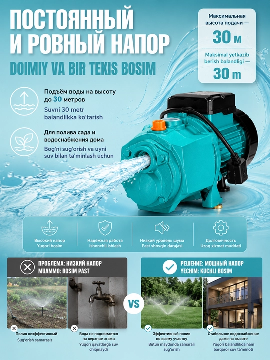 ZGD3-120/2.2 vakumli suv nasosi – 2200W, 220V, 100л/мин, quduq va sug'orish uchun