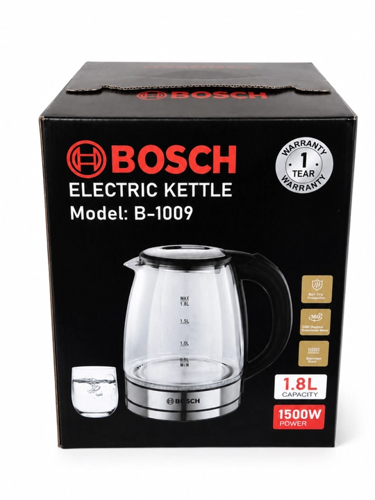 Tefal elektr choynak BOSCH 1.8L — 1500W quvvatli, LED yoritgichli zamonaviy choynak