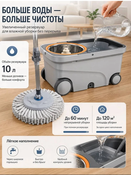 Набор вращающихся швабры 360°,с ведром, микрофибра, самоотжим, пластиковый и металлический