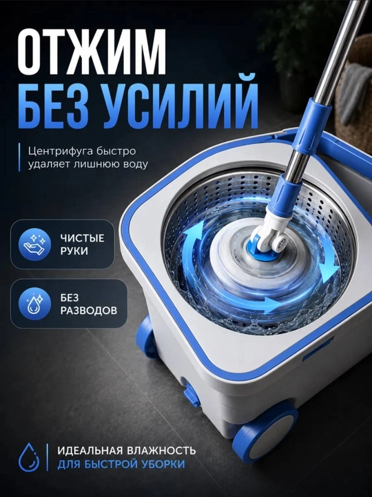 Набор вращающихся швабры 360°,с ведром, микрофибра, самоотжим, пластиковый и металлический