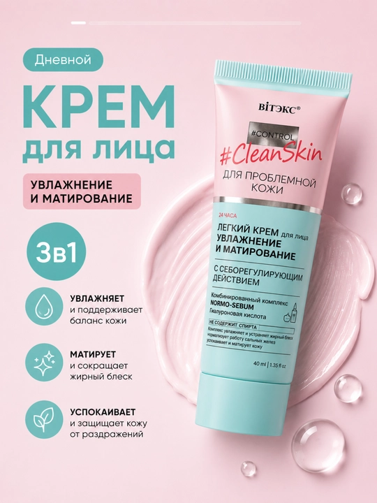 Увлажняющий и матирующий крем для лица CLEAN SKIN,против прыщей, 40 мл, Витэкс - 