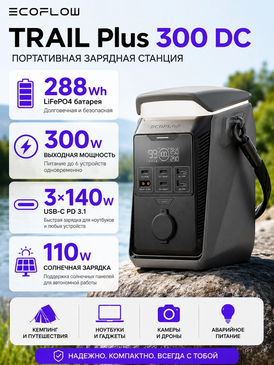 Портативная зарядная станция EcoFlow TRAIL Plus 300 DC 288Wh 300W USB-C 140W LiFePO4 - 