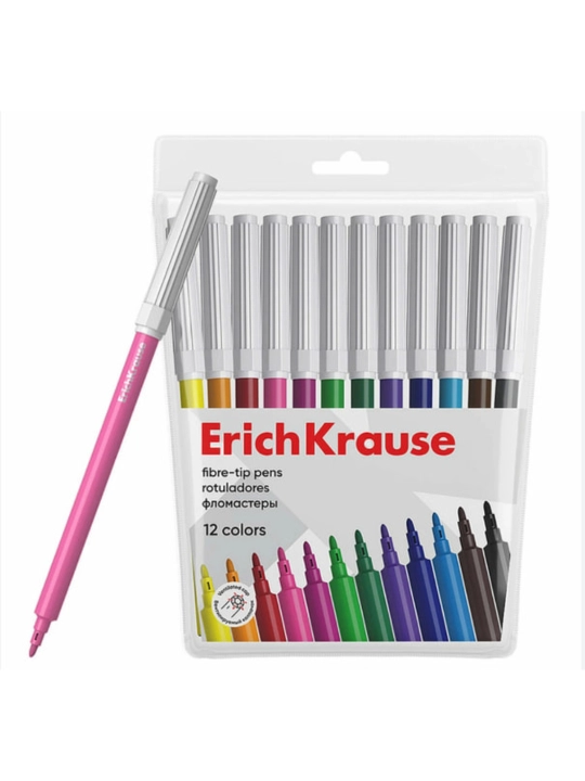 Фломастеры ErichKrause, 12 разных цветов, в евро-коробке с подвесным креплением, 12 штук, артикул 53368. - 