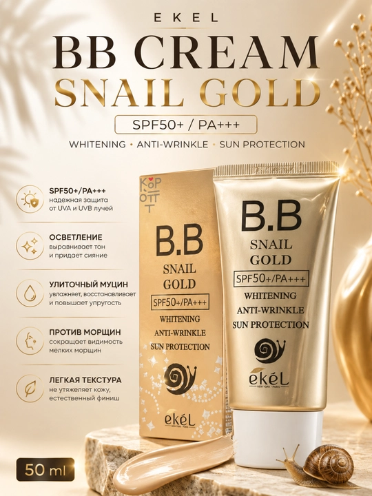 EKEL Snail Gold BB Cream SPF50 PA+++ 50 ml, BB krem tonal krem SPF50