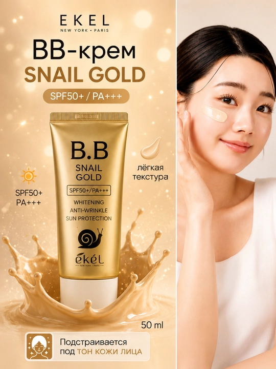 EKEL Snail Gold BB Cream SPF50 PA+++ 50 ml, BB krem tonal krem SPF50