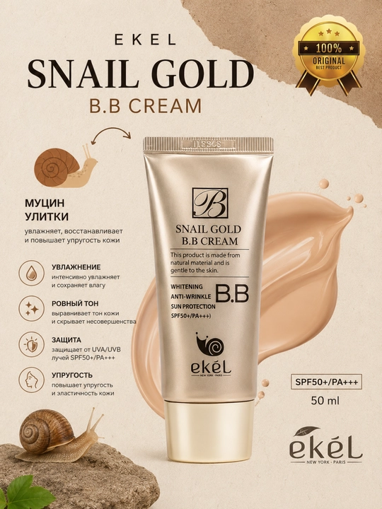 EKEL Snail Gold BB Cream SPF50 PA+++ 50 ml, BB krem tonal krem SPF50