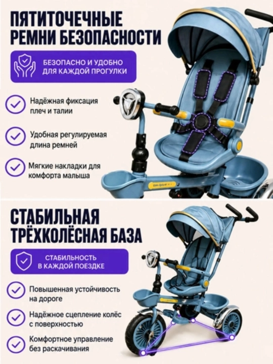 Bolalar velosiped-kolyaska 360°, 1-6 yosh, musiqa va yorug‘lik, 50 kg gacha