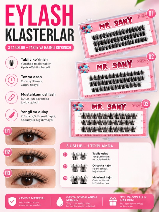 3D effektli ustma-ust qo‘yiladigan kipriklar, tutamli, hajmli kipriklar, DIY kipriklar