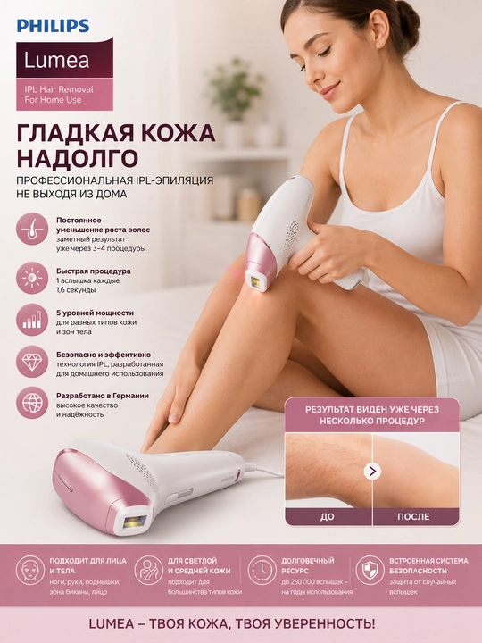 Philips Lumea IPL fotoepilyator, uy sharoitida tuklarni kamaytirish qurilmasi - 