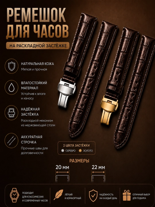 Еrkaklar soat kamari 20,22 mm, klassik soat tasmalari, tutqich mexanizimi bilan - 