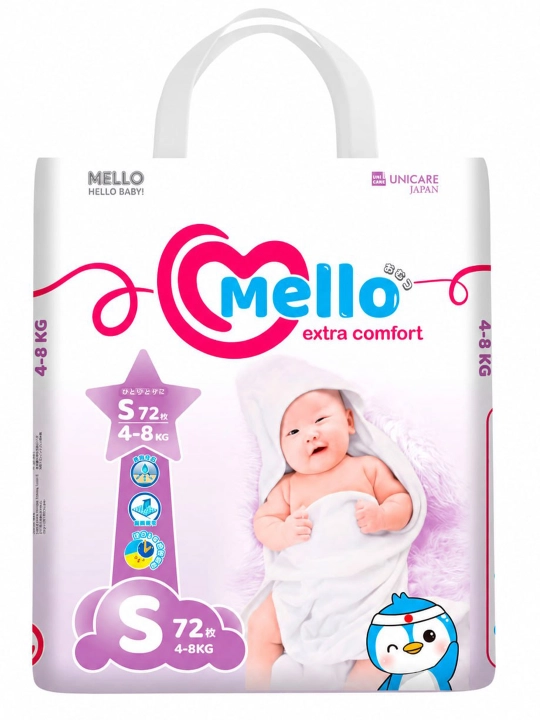 Yangi tug'ilgan chaqaloqlar uchun tagliklar MELLO,  S 4-8 kg, 72 dona - 