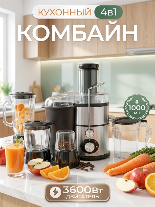 Кухонный комбайн 4-в-1 с соковыжималкой и блендером, измельчителем и кофемолкой для дома