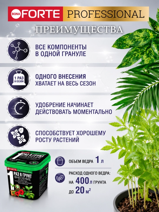 Ko‘chatlar, nihollar, xona o‘simliklari uchun uzoq muddat ta'sir qiluvchi nanoo‘g‘it, 1 l