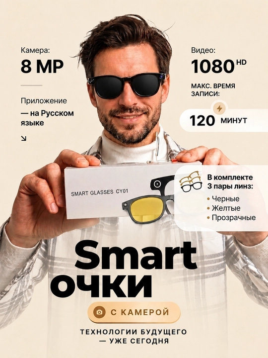Очки с камерой Включают 3 пары линз, умные очки с ИИ-ассистентом, Wi-Fi и Bluetooth - 