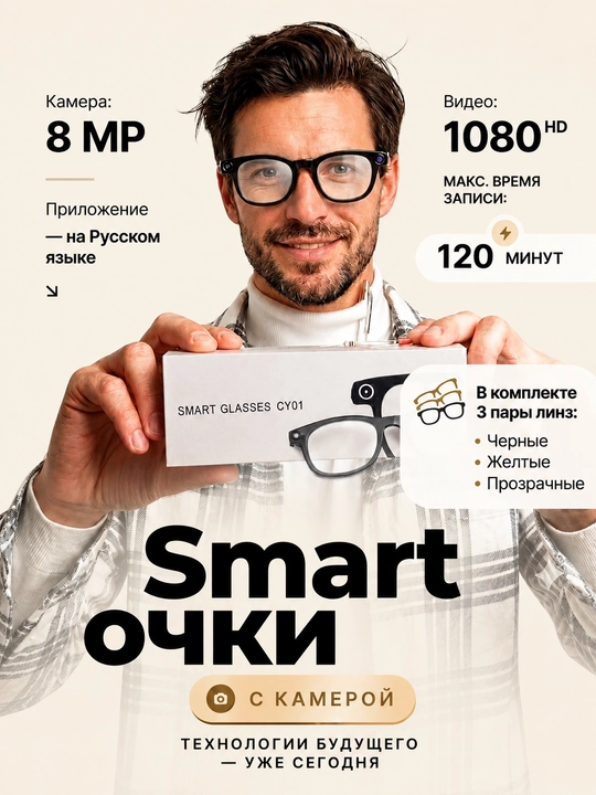 Очки с камерой Включают 3 пары линз, умные очки с ИИ-ассистентом, Wi-Fi и Bluetooth