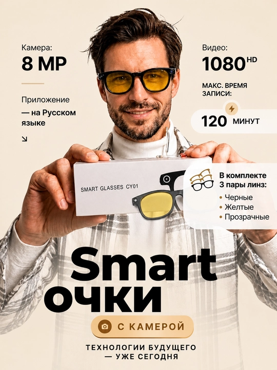 Очки с камерой Включают 3 пары линз, умные очки с ИИ-ассистентом, Wi-Fi и Bluetooth