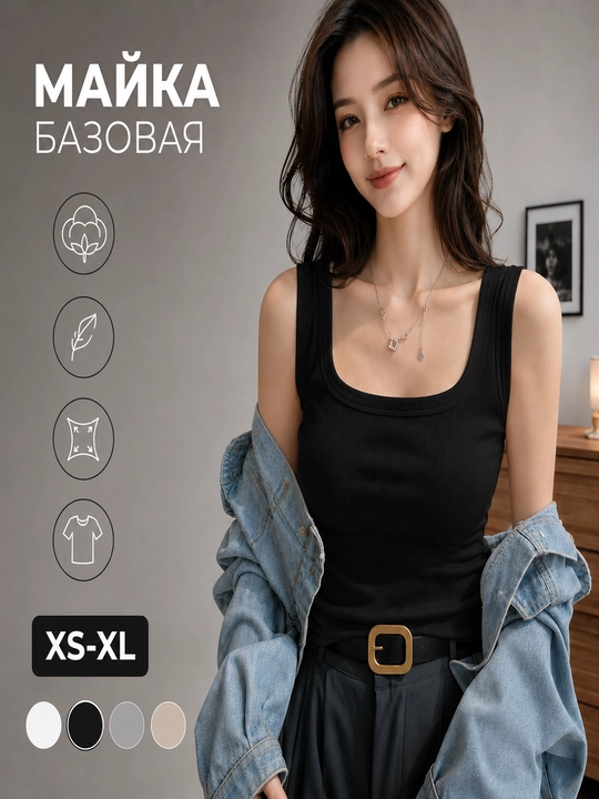 Женская базовая майка в рубчик XS XL - 