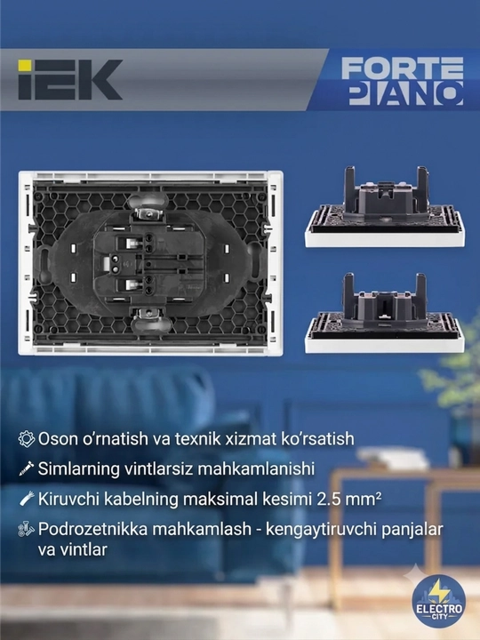 Ikki o‘rinli 16A rozetka, himoya pardalari bilan, oq rangli IEK FORTE&PIANO FP225