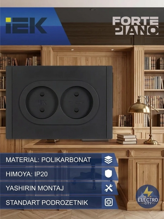 Ikki o‘rinli 16A rozetka, himoya pardalari bilan, oq rangli IEK FORTE&PIANO FP225