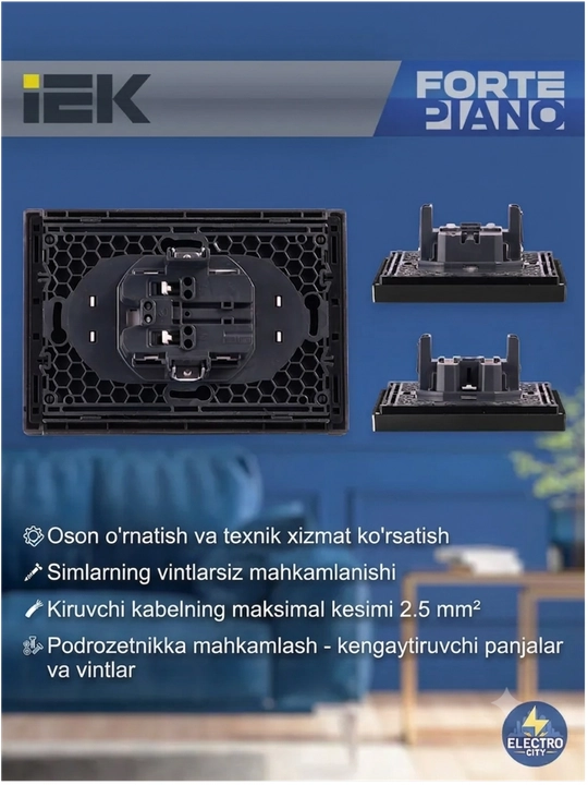 Ikki o‘rinli 16A rozetka, himoya pardalari bilan, oq rangli IEK FORTE&PIANO FP225
