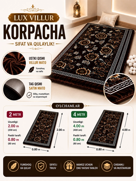 Korpacha, ko‘rpacha, mehmon korpchasi, yumshoq korpacha, 80x200/ 80x400 sm - 