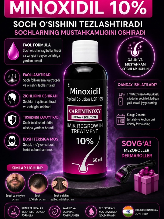 Soqol va soch o'sishi uchun vositasi Minoxidil, 10%, 60 ml - 