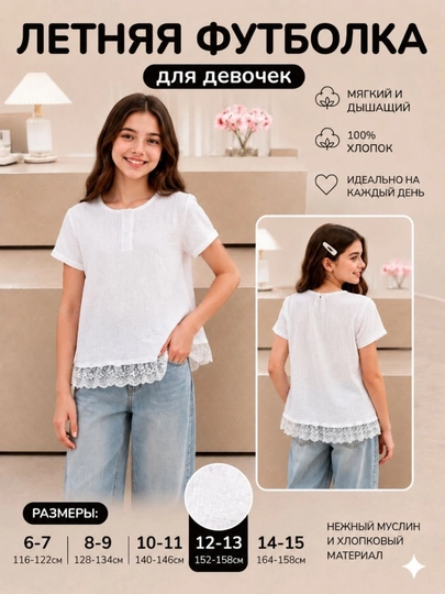 Футболка для девочек, летняя кофта, 100% хлопок, производство Китай, для детей 6–15 лет — NJUNIOR-KOFTA-БЕЛЫЙ-13 лет